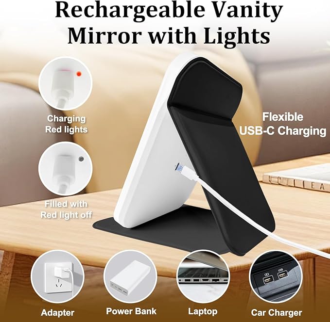 Rechargeable Travel Mirror with Light, LED Makeup Mirror with Lights, Portable Vanity Mirror with 3 Color Lighting, Touch Dimmable Lighted Cosmetic Mirror, Travel Essentials (Black)