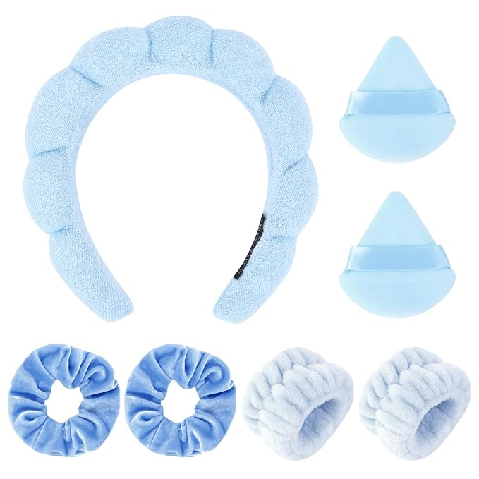 7Pcs Spa Set - Puffy Headband, Wristbands, Powder Puffs, Makeup Removal Terry Cloth Headband - Blue