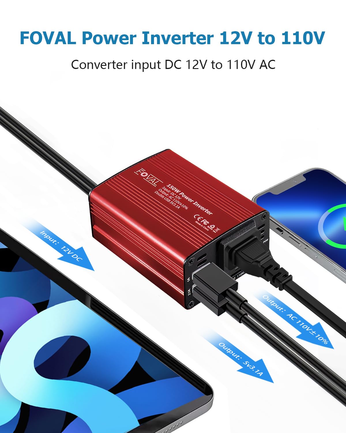FOVAL 150W Car Power Inverter 12V DC to 110V AC Converter Vehicle Adapter Plug Outlet with 3.1A Dual USB Car Charger for Laptop Computer (Classic Blue)