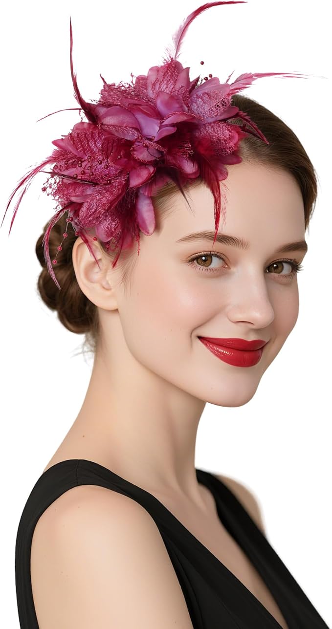 Womens Fascinators Hats Tea Party Hats for Women, Feather Pearl Veil Headband for Wedding Cocktail Dresses Accessories