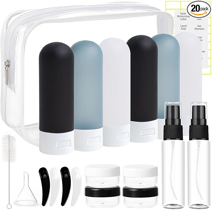 DEWSENSI 20 Pack Travel Bottles Set for Toiletries TSA Approved Leak Proof Travel Size Containers Kit Portable Refillable Travel Accessories for Shampoo Conditioner Lotion Liquids (Dark Color)
