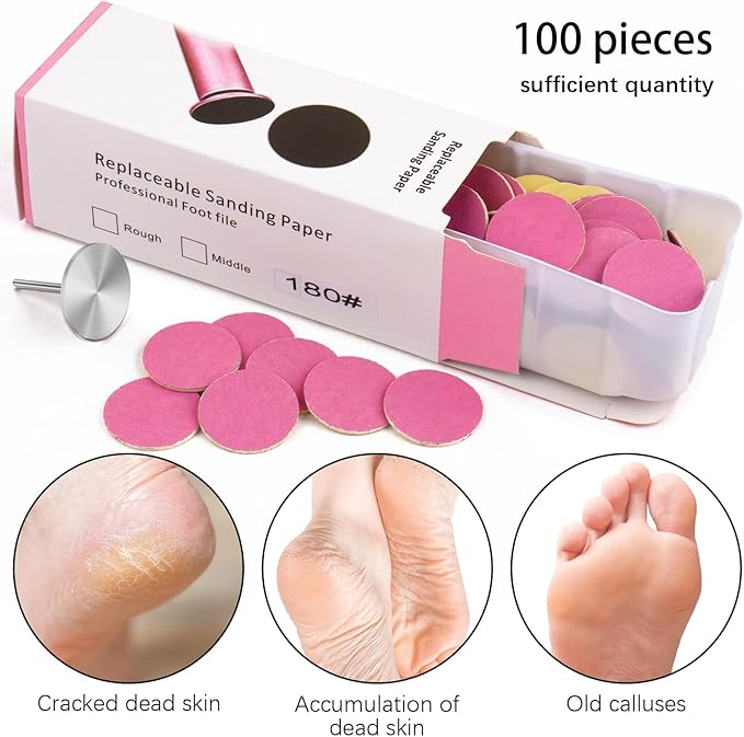 100pcs Sanding Paper Discs with Metal Nail Drill Bit,25mm Foot File Sandpaper Discs #180 Grits for Manicure Pedicure (Pink)