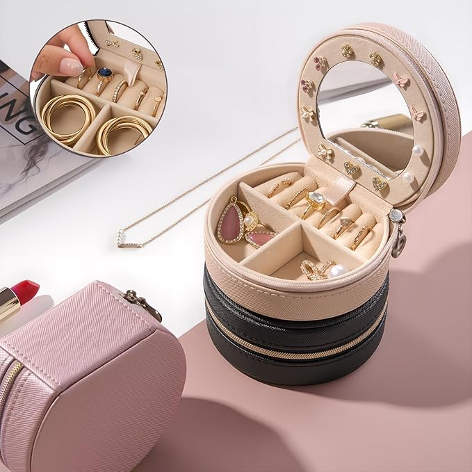 ProCase Travel Size Jewelry Box, Mini Portable Seashell-Shaped Jewelry Case with Mirror, 2 Layer Organizer in PU Leather for Women -Champagne