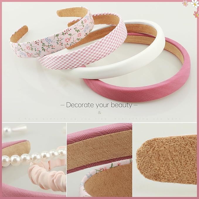 Headbands for Women Girls, 7pc Set - Non Slip Floral Padded Headbands Cute Pearl Headband for Girls Vintage Wide Headband