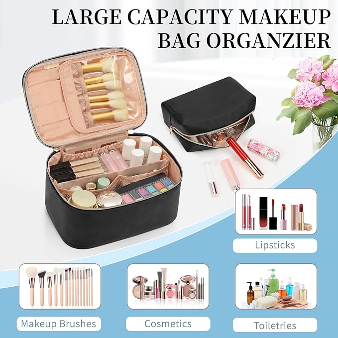 OCHEAL Makeup Bag Set, Portable Travel Makeup Bags Cosmetic Organizer Bag for Women Cute Floral Cosmetic Pouch Large Capacity Make up Bag PU Leather Toiletry Bags with Divider and Handle-Black