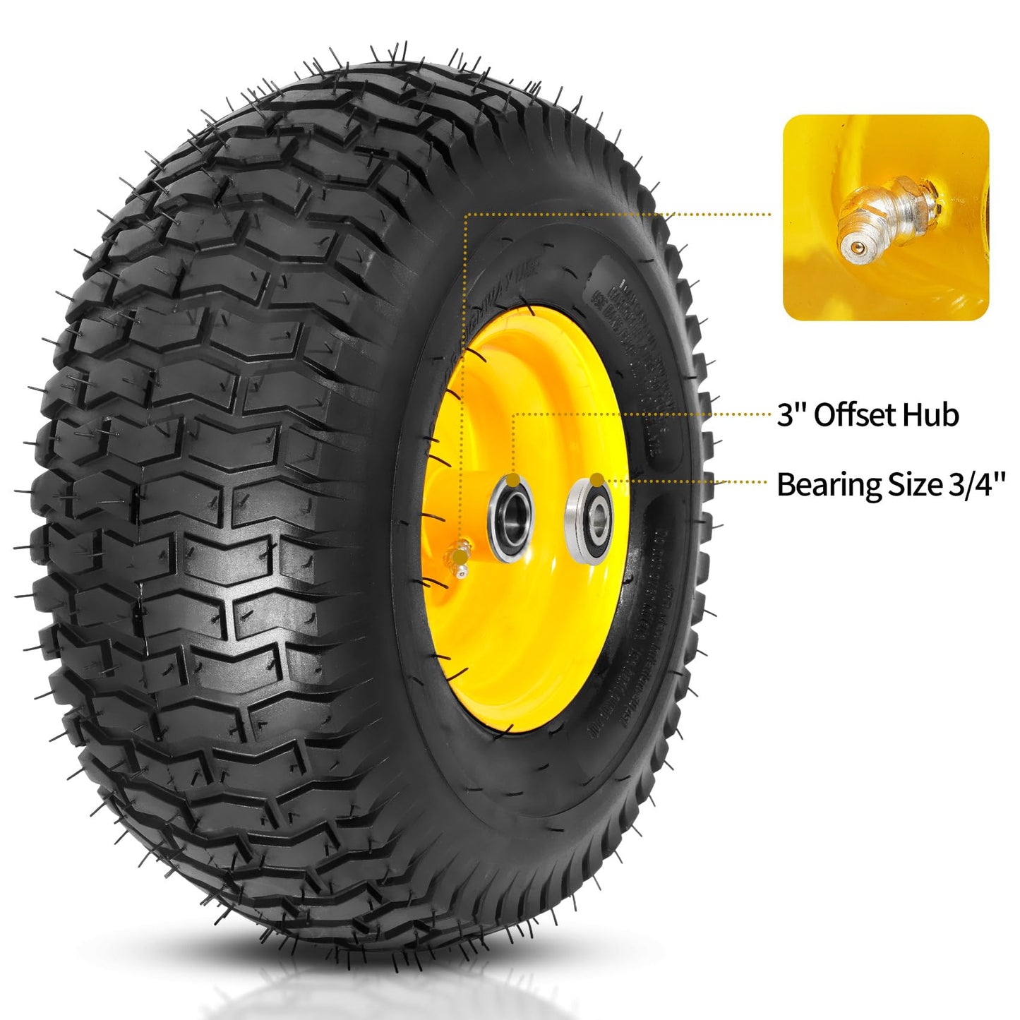 RONPOW 15x6.00-6nhs Lawn Mower Tires and Wheels, Riding Lawn Mower and Tractor Front Pneumatic Tire Replacement Assembly, Compatible with john deere Mower, 3" Offset Hub, 3/4" Bearing, 2Pack Yellow