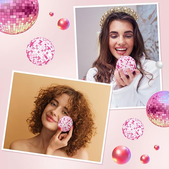 Qunclay 12 Pcs Disco Ball Compact Round Pocket Mirror - 2.76 Inch Vintage Mini Handheld Portable Mirror for Purse, Women Gift, Party Supply, Travel Daily (Pink)