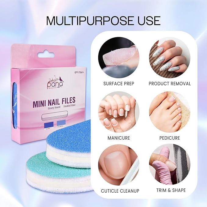 25PCS Mini Size PANA Professional Double Sided Nail Files - Blue, 180/180 Grit - Emery Board Nail Buffering File Manicure Pedicure Nail Polisher Washable