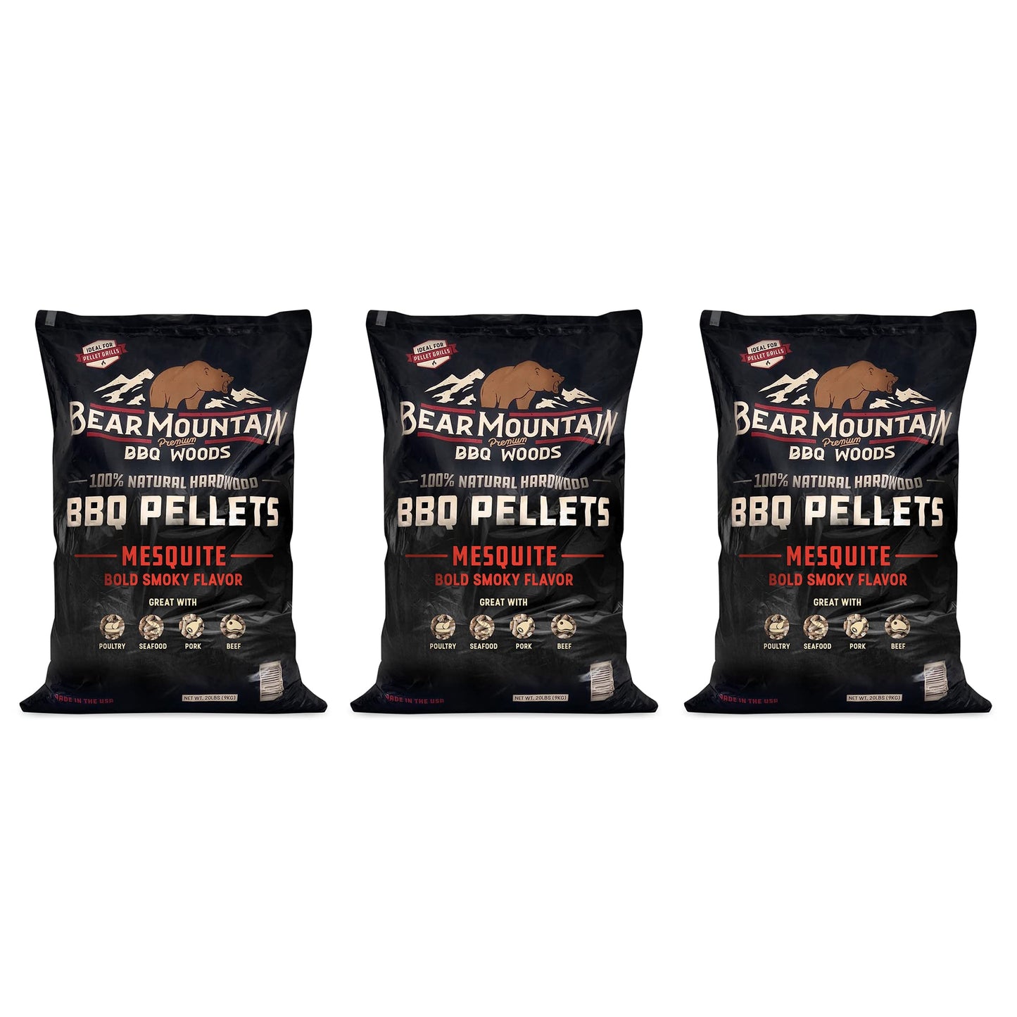 Bear Mountain BBQ FK17 Premium 20 Pounds All Natural Hardwood Mesquite BBQ Hardwood Smoker Pellets for Outdoor Electric Grilling and Smokers (3 Pack)