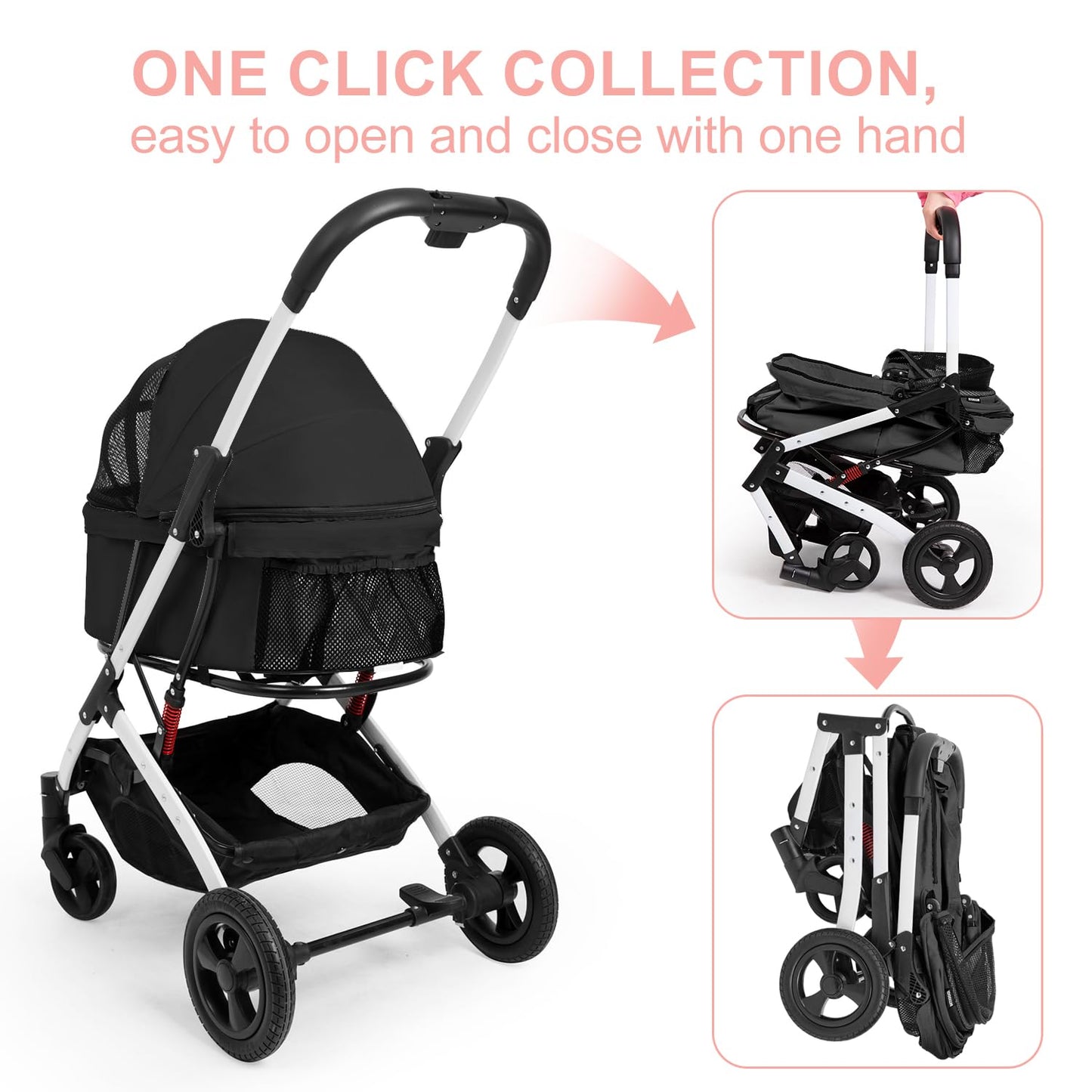 BETSOCCI Pet Stroller for Medium Small Dog & Cat, Foldable Lightweight Dog Stroller with Storage Basket Pet Travel Carriage with Safety Leashes, 4 Wheel, Black
