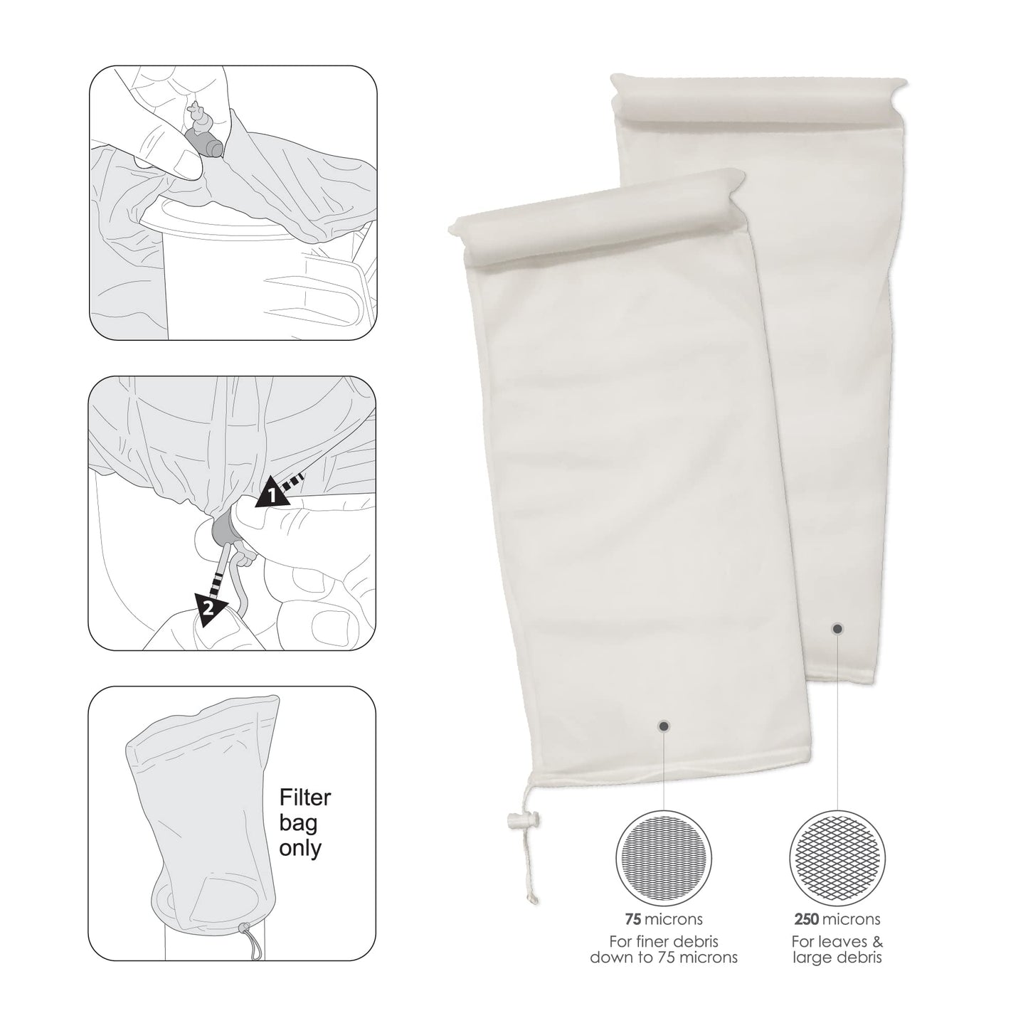 KOKIDO Replacement Filter Bags Set (Standard and Fine filter) for Handheld Pool Vacuum KOKIDO XTROVAC 410 XTROVAC 910, Standard filter - 250 microns, Fine filter - 75 microns