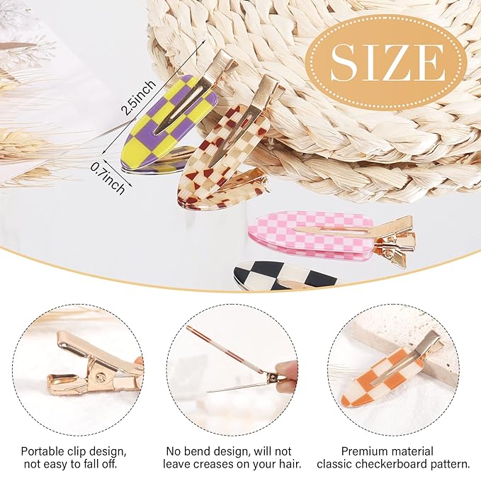 9PCS No Bend Hair Clips, Checkerboard No Crease Curl Pins, Acrylic Resin Flat Styling, Colorful Bang Seamless Duckbill Barrette for Makeup Hairstyle Accessories for Women Girls