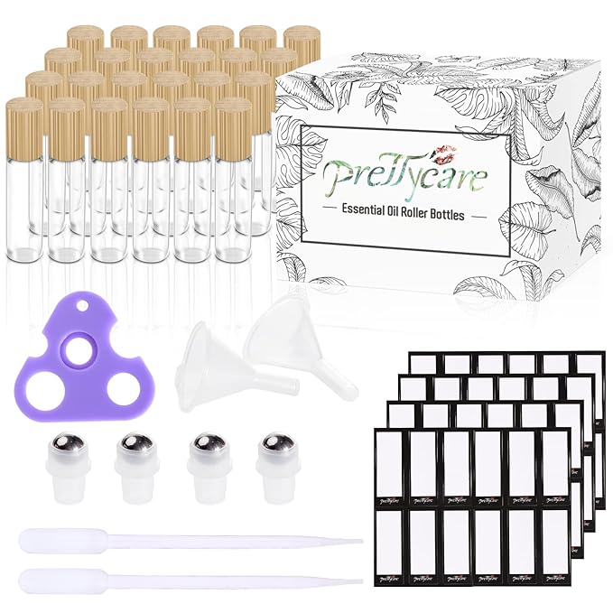 PrettyCare Essential Oil Roller Bottles 10ml (24 Pack Clear Glass Bottle with Bamboo Lid, 4 Extra Roller Balls，48 Labels, 2 Openers, 2 Funnels, 4 Droppers, Roller Balls For Essential Oils