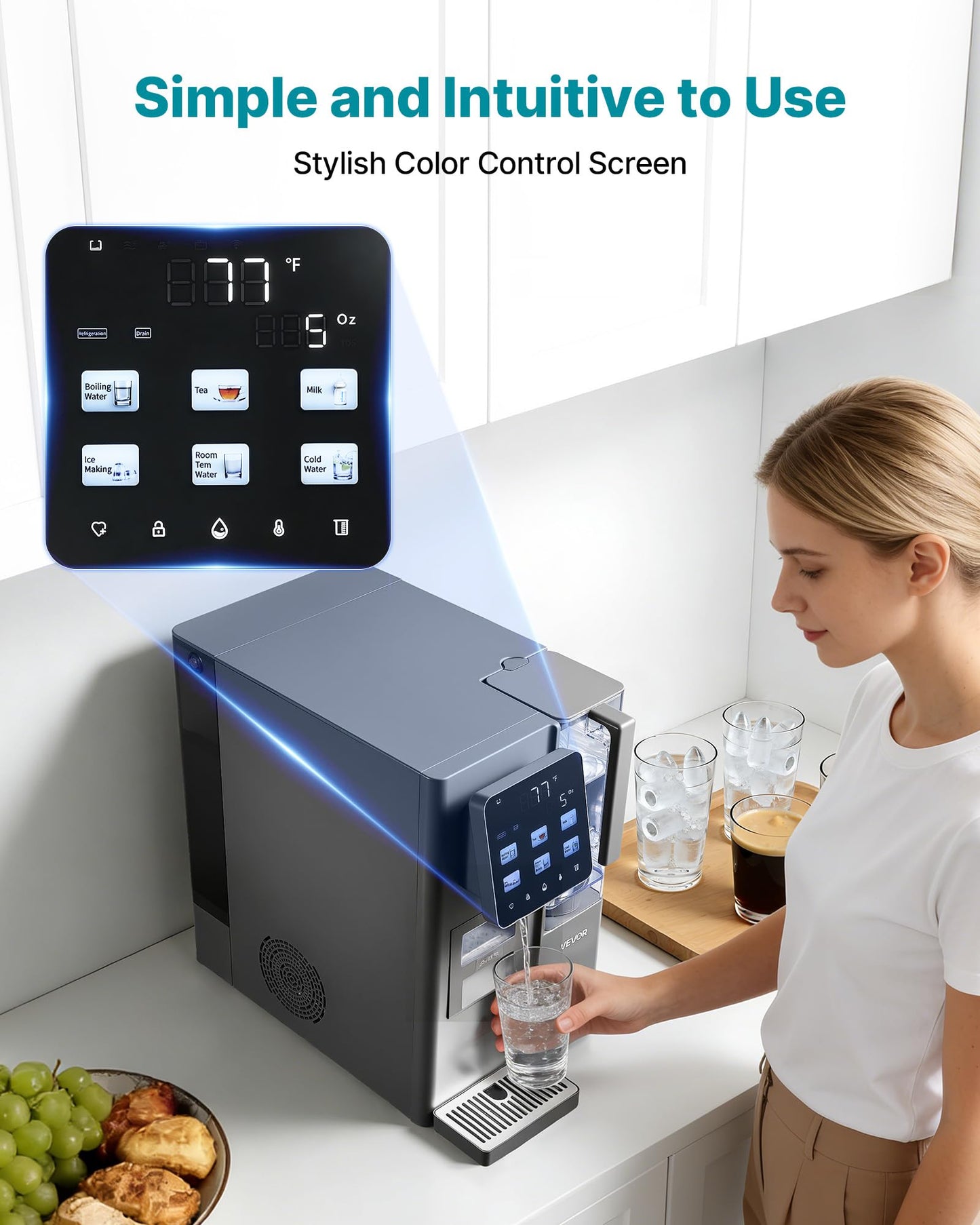 VEVOR Water Dispenser with Ice Maker, 3-in-1 Countertop Water Dispenser, 35 LBS/24H, 12 Cubes/7 Min Fast Ice Making with 4 LBS Storage, Bullet/Crushed ICES & Cold-Water (100 LBS/24H)