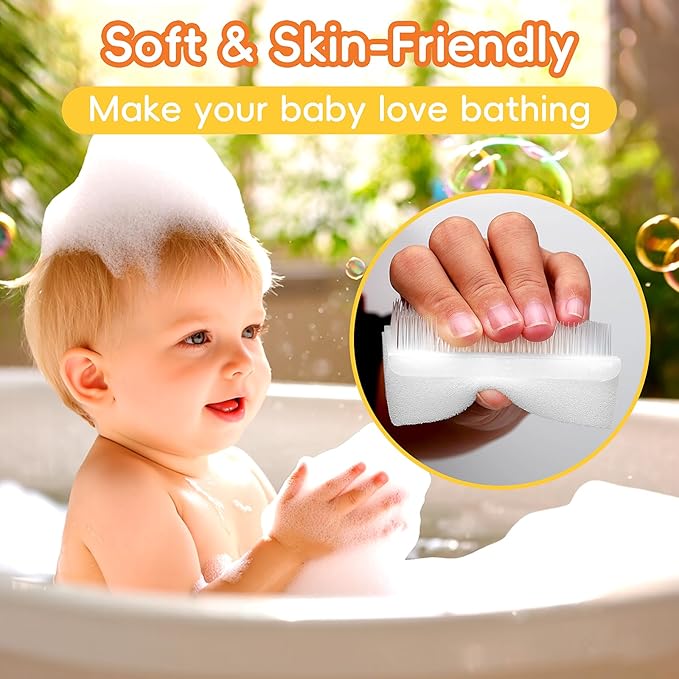 Cradle Cap Brush for Babies, Set of 5 Baby Bath Essentials with Bath Sponge Silicone Scrubber Long Handle Comb for Newborns Toddlers Boys Girls (Orange)