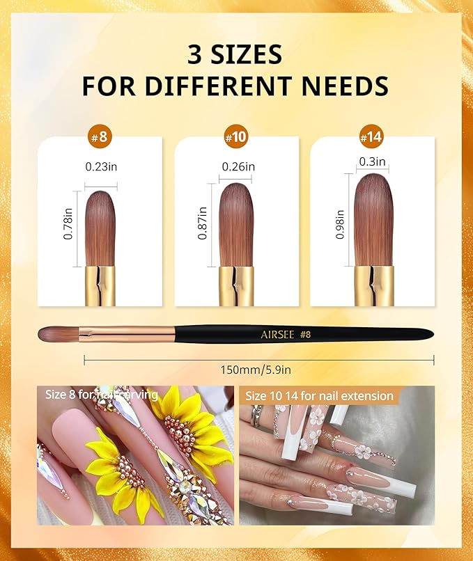AIRSEE 3Pcs Acrylic Nail Brush Set, Size 8/10/14 Professional Manicure Brushes for Acrylic Powder Nail Art Extension, 3D Carving for DIY Salon Home, 3A+ Nylon, Black
