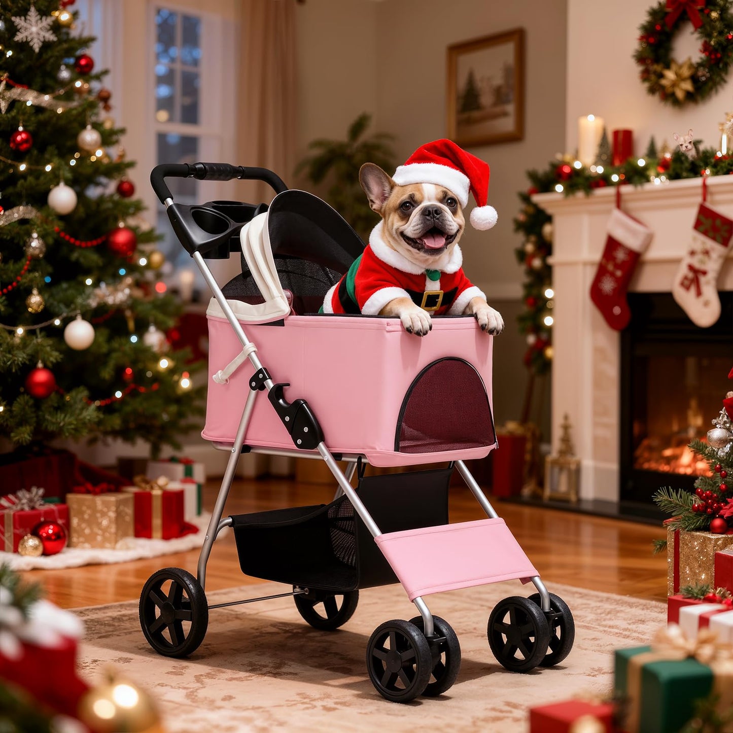 MoNiBloom 3 in 1 Foldable Pet Stroller for Small & Medium Dogs, Detachable Carrier, Car Seat, Push Button Entry, 4-Wheel Jogger for Pets up to 33 lbs, Pink