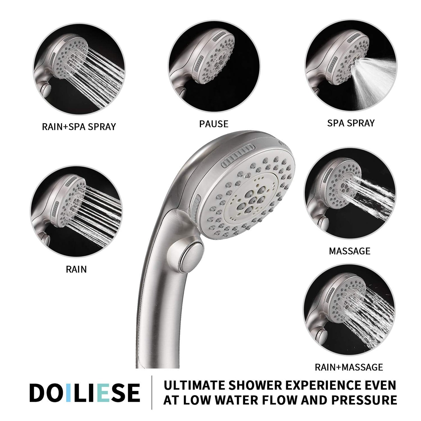 Shower Head, High Pressure 6 Setting Shower Head Hand-Held with ON/OFF Switch and Spa Spray Mode - Shower Heads with Handheld Spray High Pressure - Brushed Nickel
