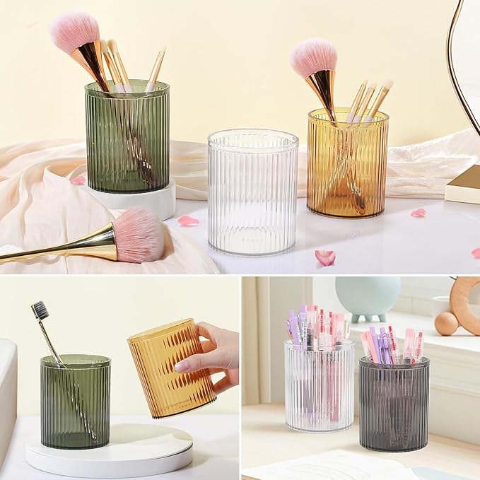 DASITON Makeup Brush Holder Organizer, Acrylic Makeup Brush Cup, Vintage Striped Make Up Brush Holder for Vanity, Bathroom Countertop, Toothbrush Holders, Pen Holder for Desk Storage (Green)