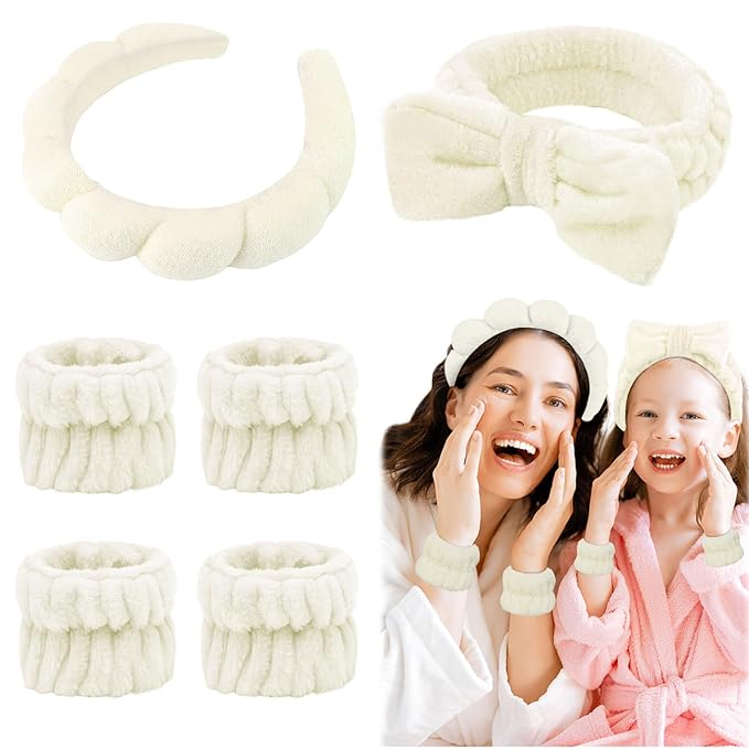 6 Pcs Puffy Spa Headband and Wristbands, Beige, Hairband for Washing Face Skincare, Absorbent Headband for Shower, Yoga, Makeup, Unisex-Adults