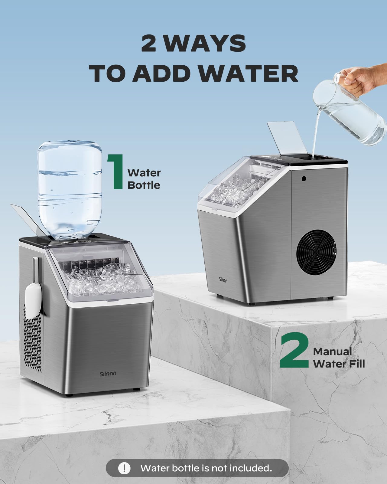 Silonn Ice Maker Countertop 44lbs/Day, Ice Cube Maker with Self-Cleaning, Stainless Steel Ice Machine with 2 Water Fill Options, Compact for Home Office Bar Party