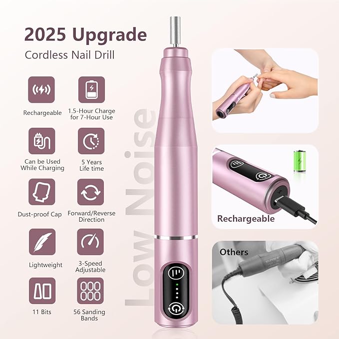 Cordless Nail Drill Electric Rechargeable File Kit, Professional Efile Acrylic Gel Nail Polish Remover Pedicure Manicure Machine Portable Set with 11 Bits 56 Sanding Bands (Pink)