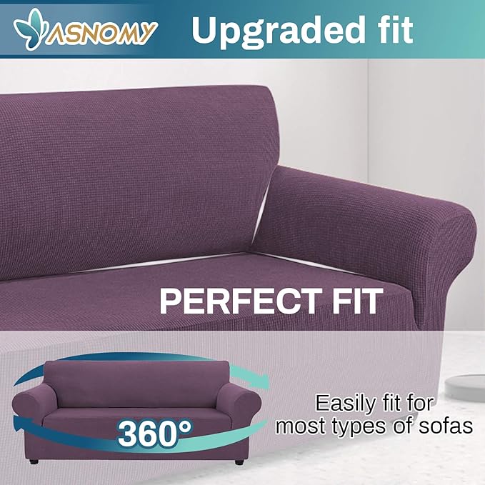 Asnomy Couch Covers for 3 Cushion Couch Stretch Sofa Covers Slipcovers, Pet Protector Furniture Covers for Dogs Cats Spandex Jacquard Fabric Small Checks （Large，Gray Purple）
