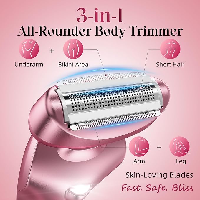 Cordless Electric Razors for Women: Rechargeable Painless Bikini Trimmer for Body Hair - IPX7 Waterproof Shaver with LED Display for Face/Underarm/Leg Light Pink Upgraded