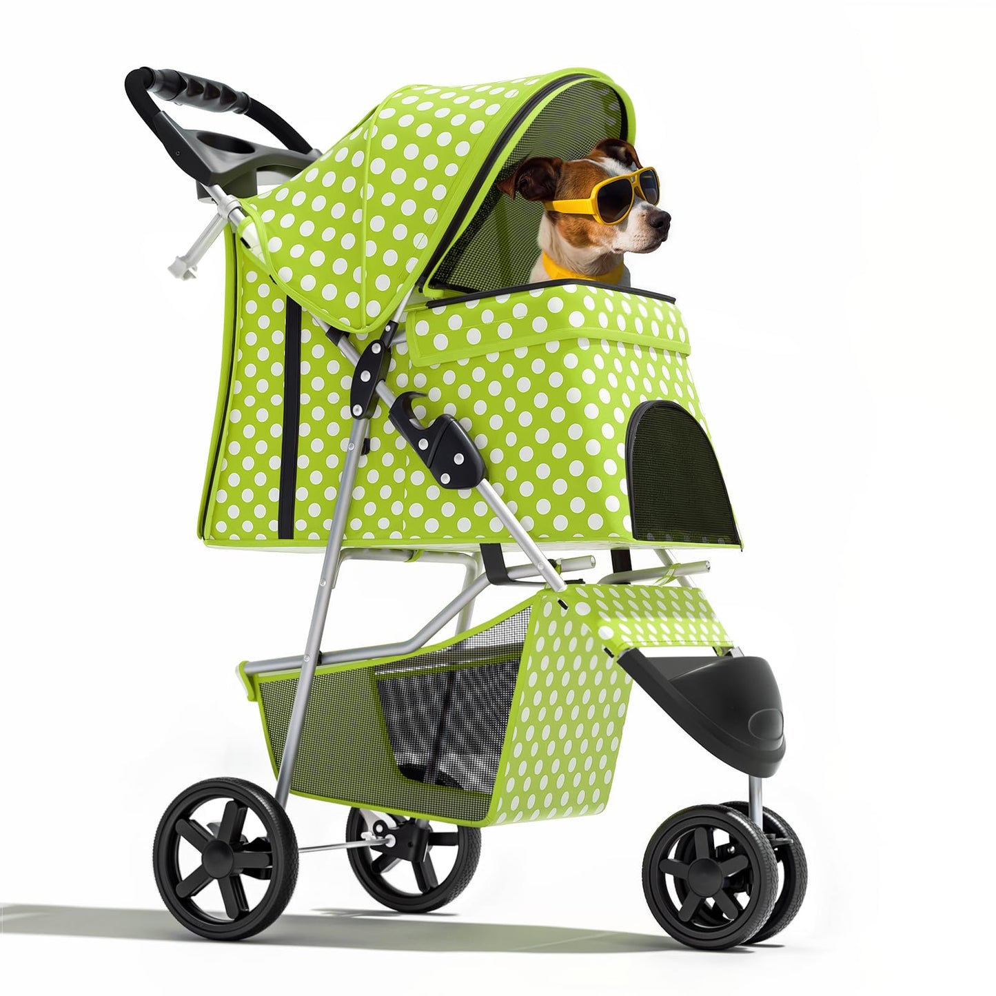 Magshion 3-Wheel Pet Stroller, Foldable Travel Jogger for Small & Medium Dogs & Cats (Up to 33lbs), Lightweight Carrier with Breathable Mesh Cover, Cup Holder & Storage Basket, Lawn Green Polka Dots