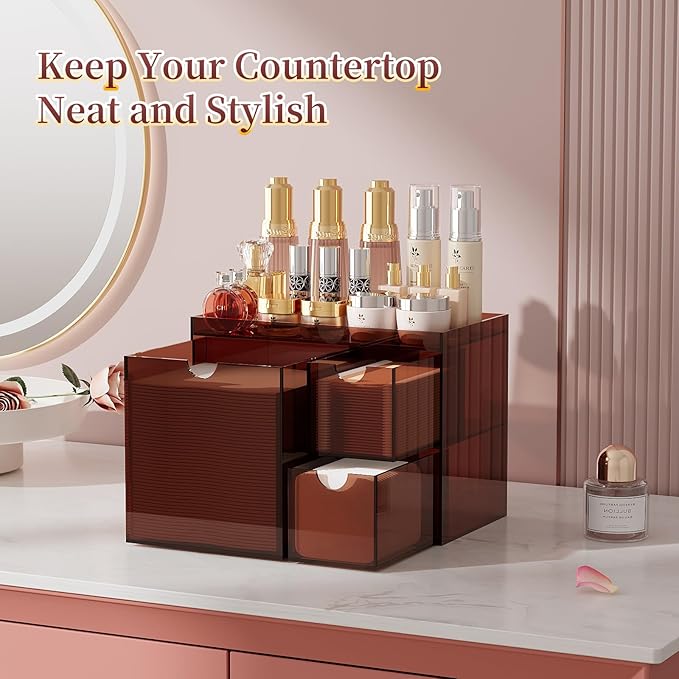 Youdepot Amber Acrylic Face Towel Holder with 3 Drawers, Disposable Face Towel Organizer for XL Facial Towels, Cotton Pads, Swabs, Skincare Tools, Bathroom Vanity Countertop Storage Box.