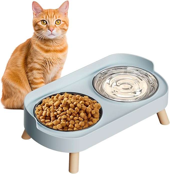Elevated Cat Bowl, Raised Cat Food and Water Bowl Set for Indoor Cats, Splash Proof with 2 Stainless Steel Pet Food Bowls for Cats and Puppies, Whisker Fatigue and Dishwasher Safe - Blue