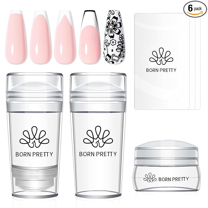 Born Pretty French Tip Nail Stamp, 6PCS Art Stamper With Scrapers, Silicone Stamping Long & Short Jelly Stamper Kit for French Manicure Home DIY Art Salon