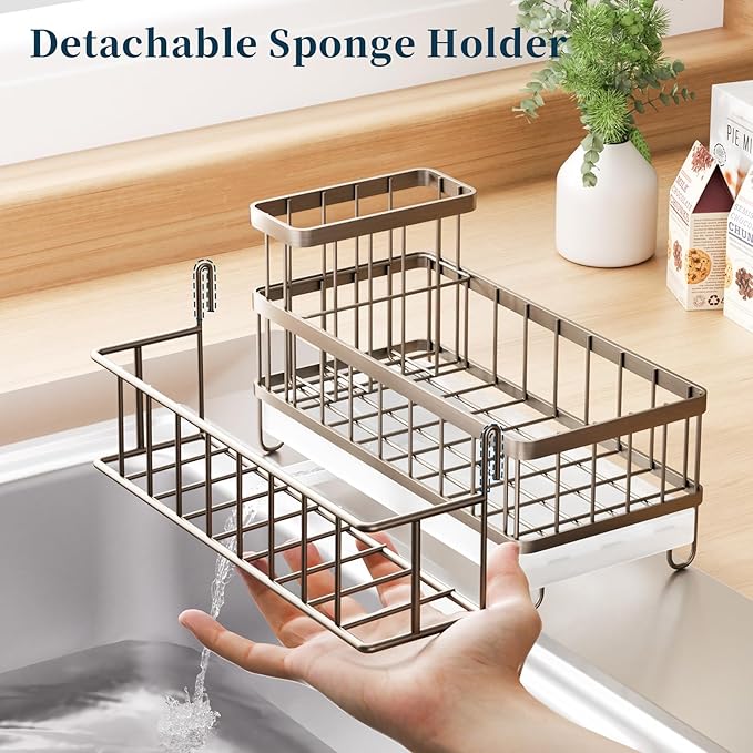 Consuemst Sponge Holder for Kitchen Sink - Auto Draining Sink Caddy Organizer with Detachable Rack, High Brush Holder, Kitchen Countertop Storage Accessories, Sand Nickel