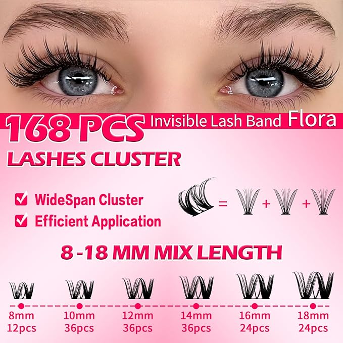 Flora Lash Clusters Hybrid Volume Wispy Cluster Lashes WideSpan DIY Eyelash Extension Cat Eye Lashes Individual Eyelash Clusters Invisible Lash Band(Flora,8-18mm)