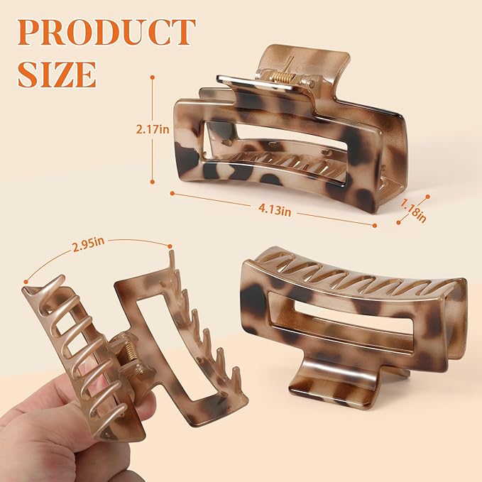 Auseibeely 6 Pack 4.1 Inch Large Claw Clips for Thick Hair, Big Tortoise Shell Claw Clip for Hat, Square Hair Clips for Thick/Long/Curly Hair, Strong Hold Non-slip Baseball Jaw Clip Accessories