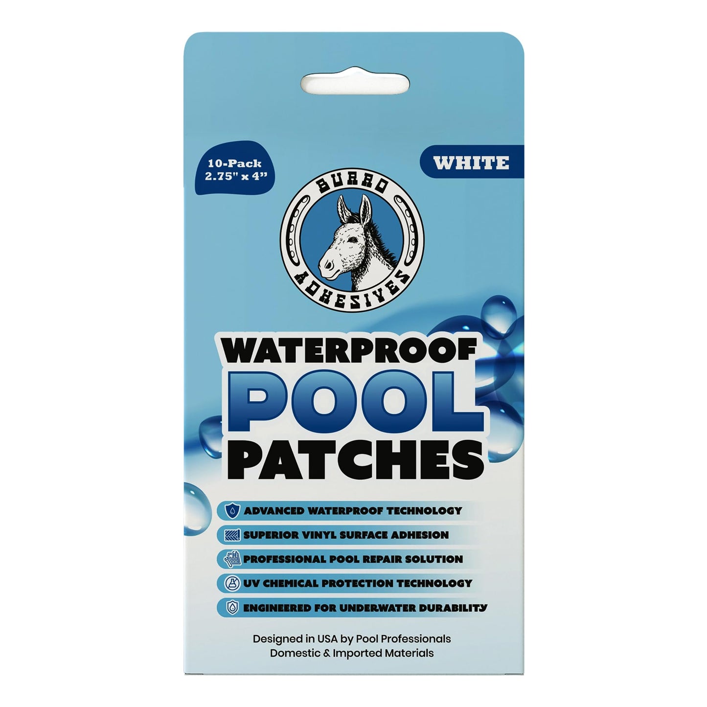 Burro Adhesives 10-Pack Waterproof White Pool Patches - Professional Grade PVC Repair Kit with 2.75" x 4" Heavy Duty Patches for Commercial & Residential Vinyl Liner Pools, Works Underwater & Dry