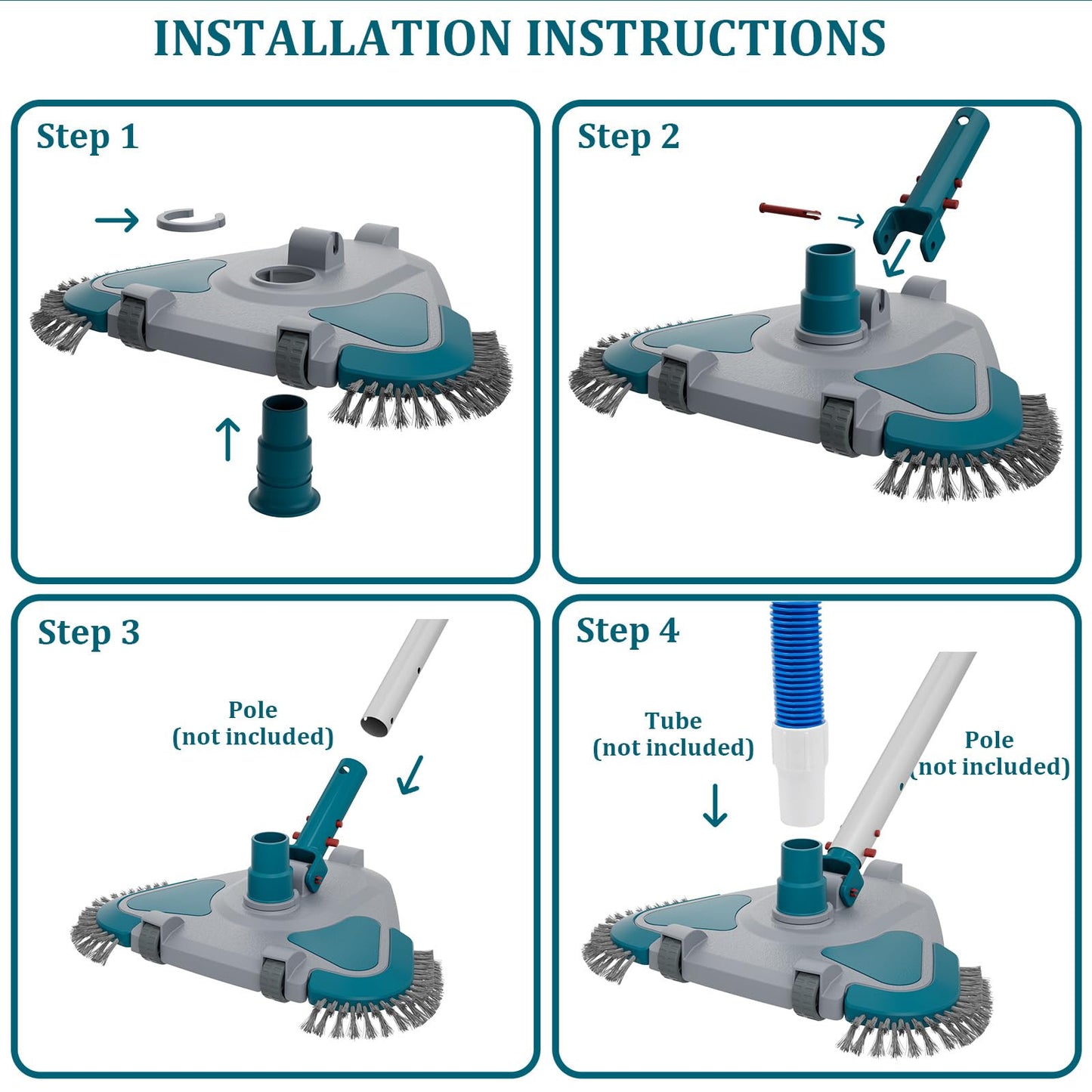 Upgrade Pro Weighted Triangular Pool Rotative Vacuum Head with Brush & EZ Clip Handle - for Cleaning Surface Safe on Vinyl Lined Pools