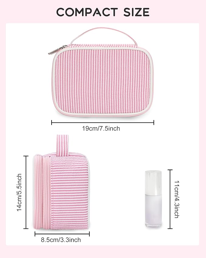 Relavel Travel Makeup Bag, Small Pink Cosmetic Bag with 2 Makeup Brush Holders, Portable Makeup Pouch for Women, Cute Toiletry Bag with Double Layer Organizer, Strip