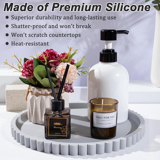 HighHerz Silicone Bathroom Countertop and Vanity Tray-10 Inch Round Silicone Bathroom Tray, Modern Bathroom Decor, Coffee Table Decor, Decorative Tray for Candle, Perfume, Plants (Grey)
