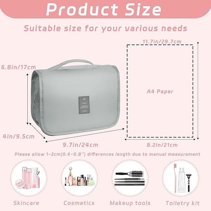 Toiletry Bag Travel Bag with Hanging Hook, Waterproof Capacity Hanging Multifunctional Makeup Bag for Toiletries, Portable Cosmetic Bag Travel Organizer for Women and Men(Light Grey)