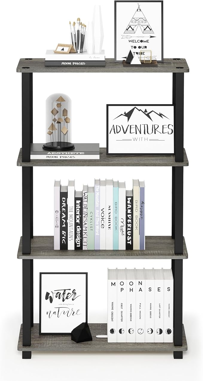 Furinno TURN-S-TUBE Storage Shelves, 4-Tier Book Shelf, Corner Shelf, Toolless Open Shelves, for Organization and Storage, Living Room, Garage, Home Office, French Oak