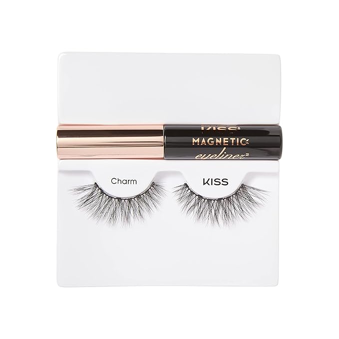 KISS Magnetic False Eyelashes and Eyeliner, ‘Charm’, 12mm, Easy to Apply, Reusable, No Glue, Flexible Band, Precision Felt Tip, Fortified Formula, 1 Pair Strip Lashes (Pack of 2)