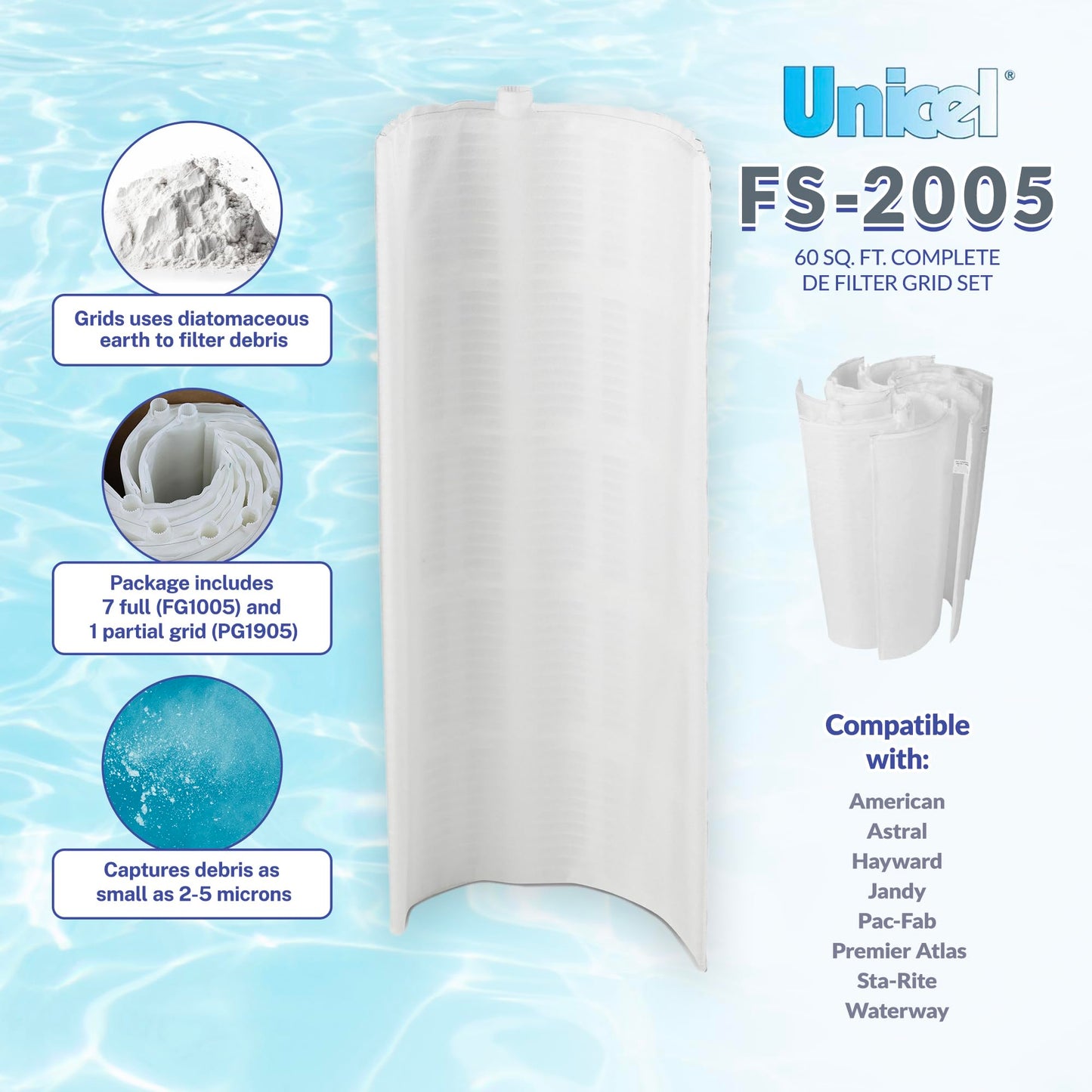 Unicel FS-2005 60 Sq Ft Vertical DE Grid Replacement Swimming Pool Filter Set, Compatible with American, Hayward, Pac-Fab, Sta-Rite, Astral and More