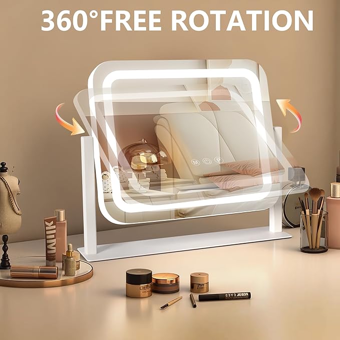 Vanity Mirror with Lights 14"×12", Led Makeup Mirror, Lighted Makeup Mirror with 3 Color Dimmable Lights, Smart Touch Screen Control, 360°Rotation
