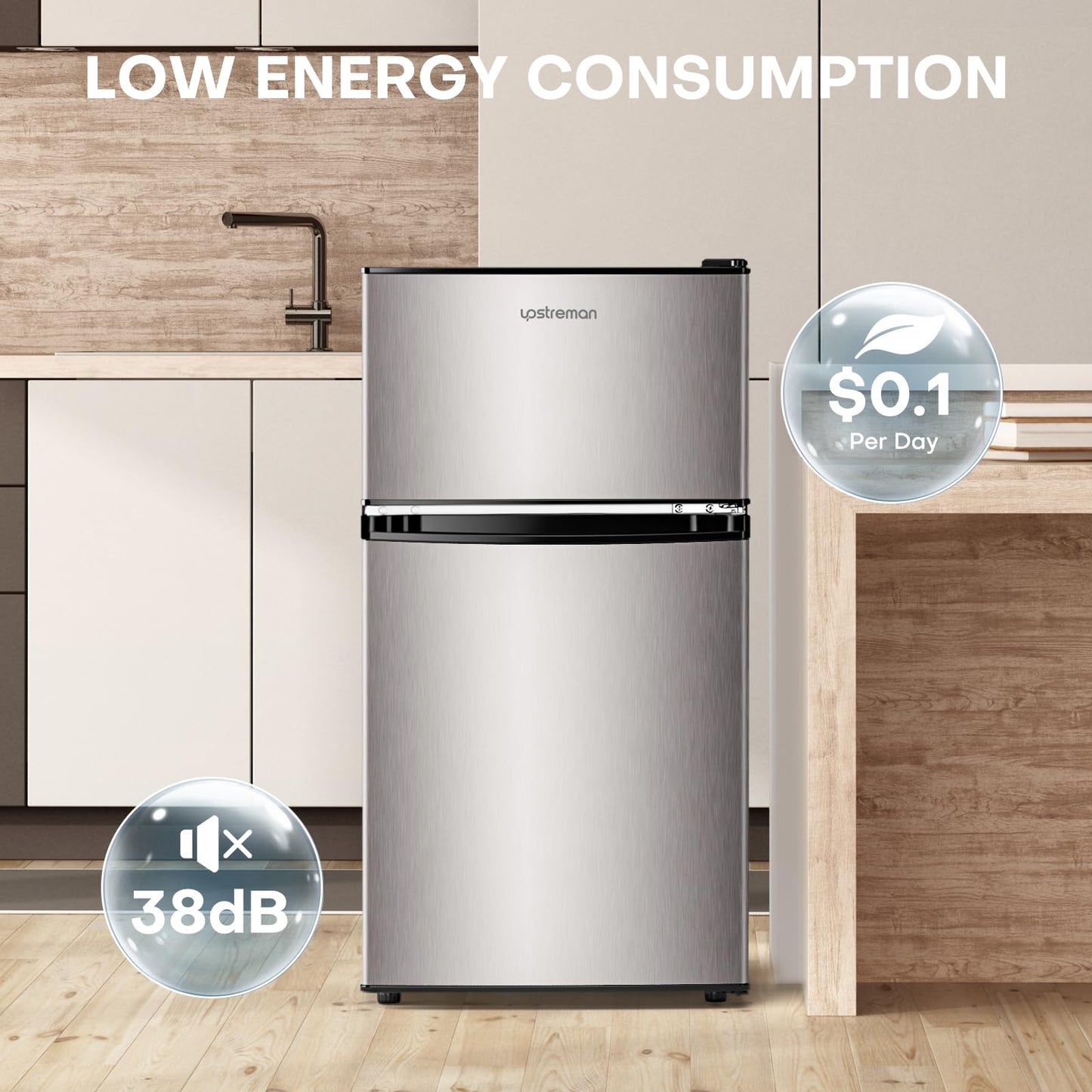 Upstreman 3.2 Cu.Ft Mini Fridge with Freezer, Double Door Mini Fridge, Adjustable Thermostat, Mini Refrigerator for Dorm, Office, Bedroom, Stainless-SD321