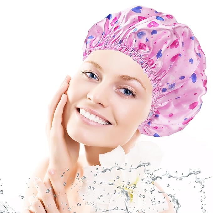 4 PCS Shower Cap for Women, Elastic and Reusable Bath Caps, Double Layers Shower Caps Reusable Waterproof, Bathing Shower Caps, Environmental Bath Hair Protection Cap - Heart