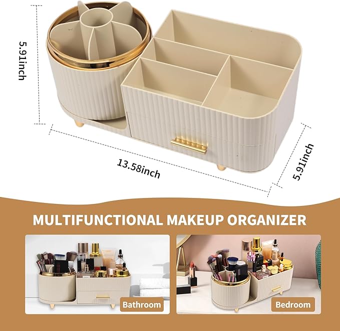 Makeup Organizer Countertop with Drawer 360 Rotating Brush Holder Storage Large Capacity Skincare Cosmetic Display Cases for Vanity Bathroom Desktop, Model 3016 Cream