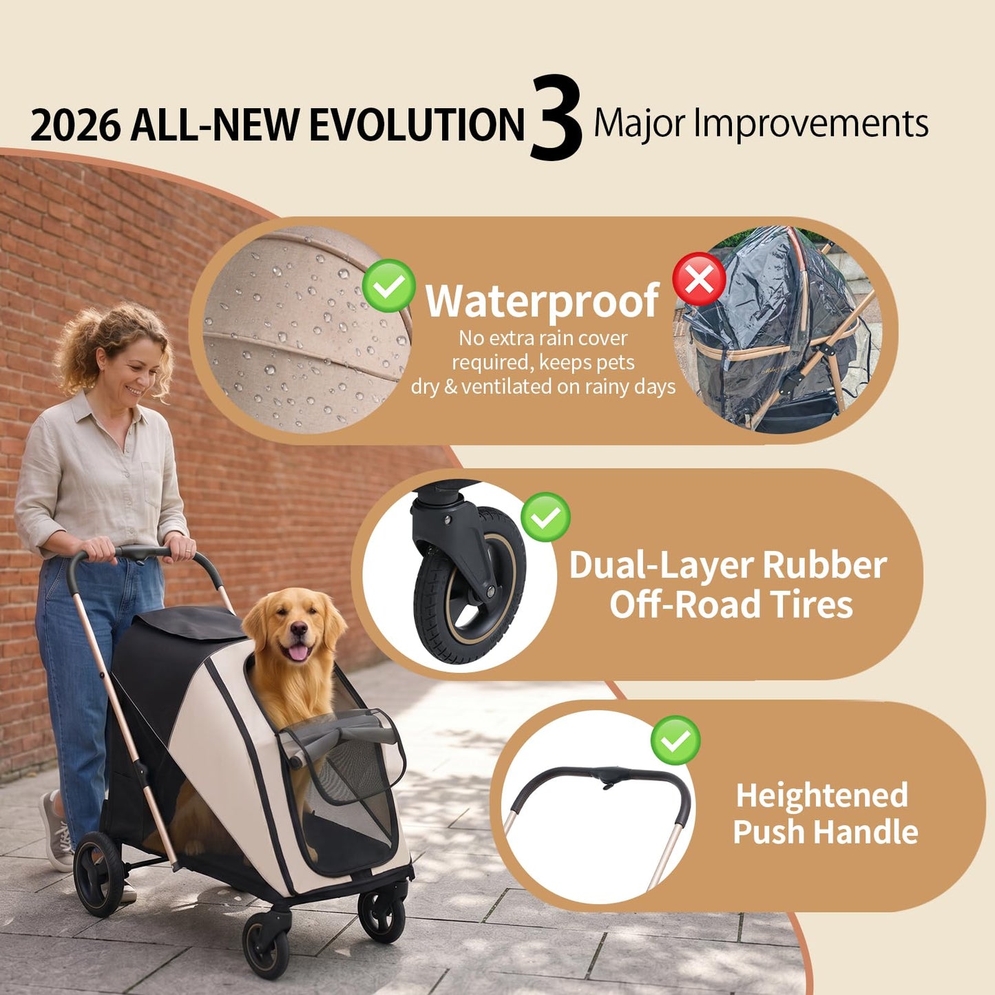 Dog Stroller for Large & Medium Dogs, One-Click Folding 4 Wheel Pet Stroller for Large Dogs up to 80lbs, Easy Fold Dual Entry with One-Foot Brake, Reflective Tape Design with Breathable mesh