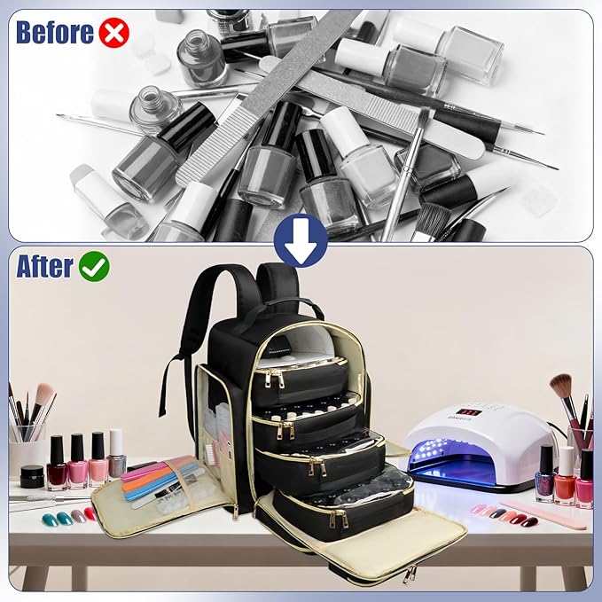 Nail Polish Organizer Backpack Holds 140 Bottles& UV Lamp, Extra Large Nail Art Supplies Storage Bag with 4 Removable Sponge Pouches, Travel Carry Case for Gel Polishes, Nail Tools& Nail Kits