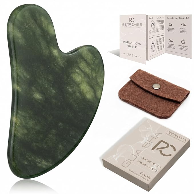 Rena Chris Gua Sha Facial Tools, Xiuyan Jade Guasha Tool for Acupuncture, Manual Massage Tool for Jawline Sculpting and Puffiness Reducing, Gua Sha Facial Massage Tool, Skin-Care Gift (Dark Green)